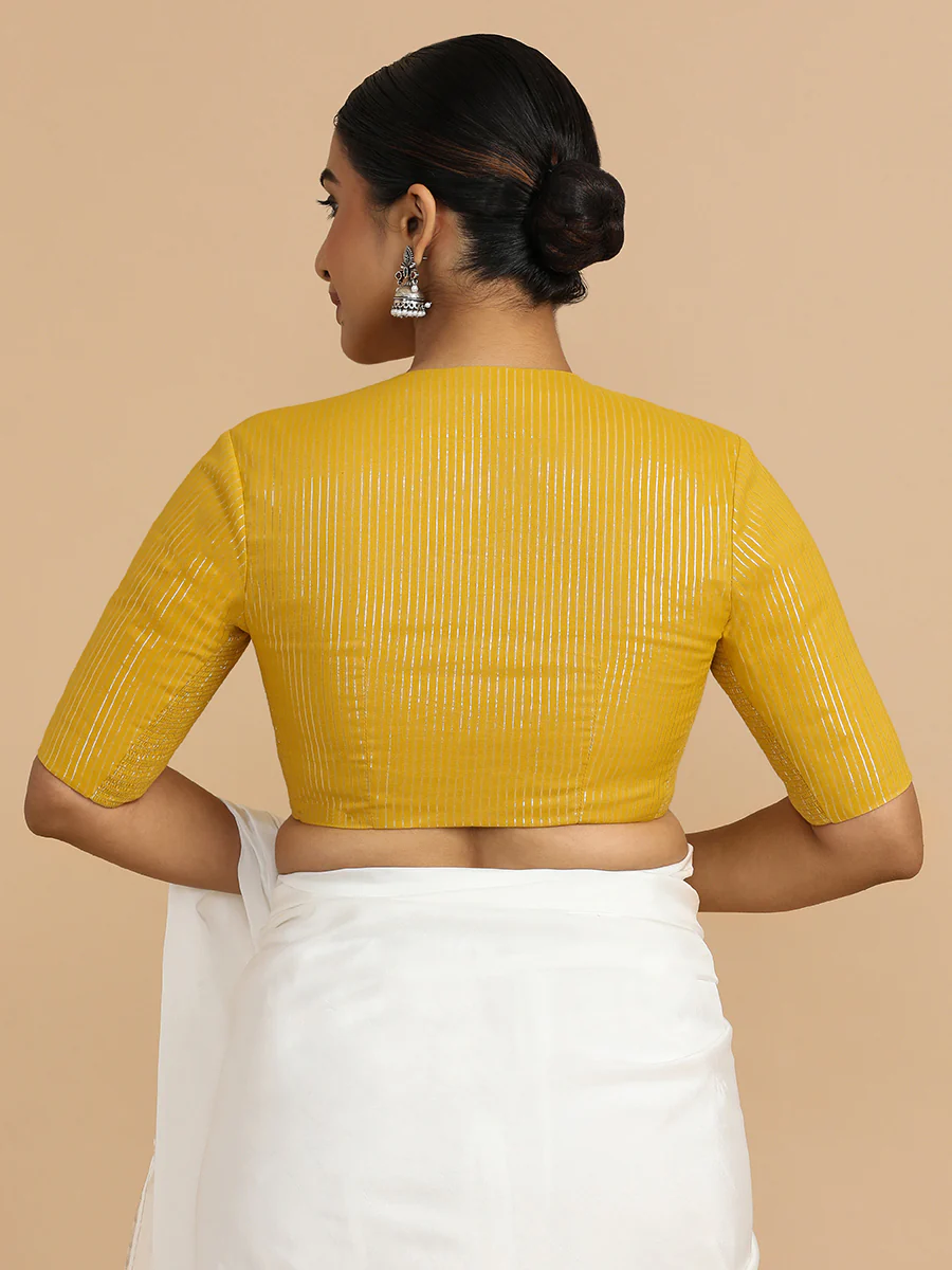 Kaveri x Rozaana | Elbow Sleeves Saree Blouse in Turmeric Yellow Silver Stripe Cotton - Image 2