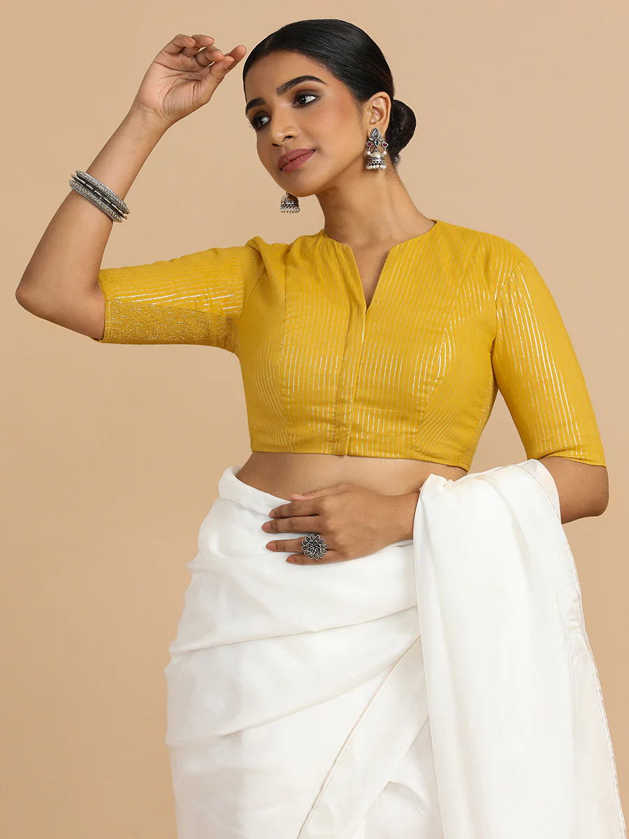 Kaveri x Rozaana | Elbow Sleeves Saree Blouse in Turmeric Yellow Silver Stripe Cotton - Image 8
