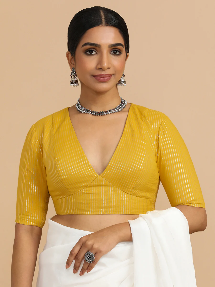 Natasha x Rozaana | Elbow Sleeves Saree Blouse in Turmeric Yellow Silver Stripe Cotton - Image 5