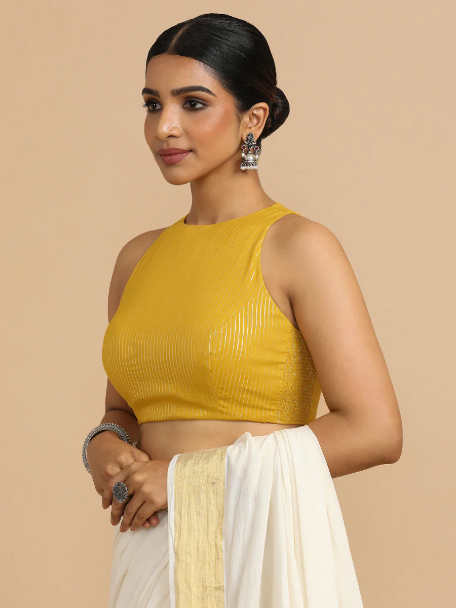 Nitu x Rozaana | Sleeveless Saree Blouse in Turmeric Yellow Silver Stripe Cotton - Image 6