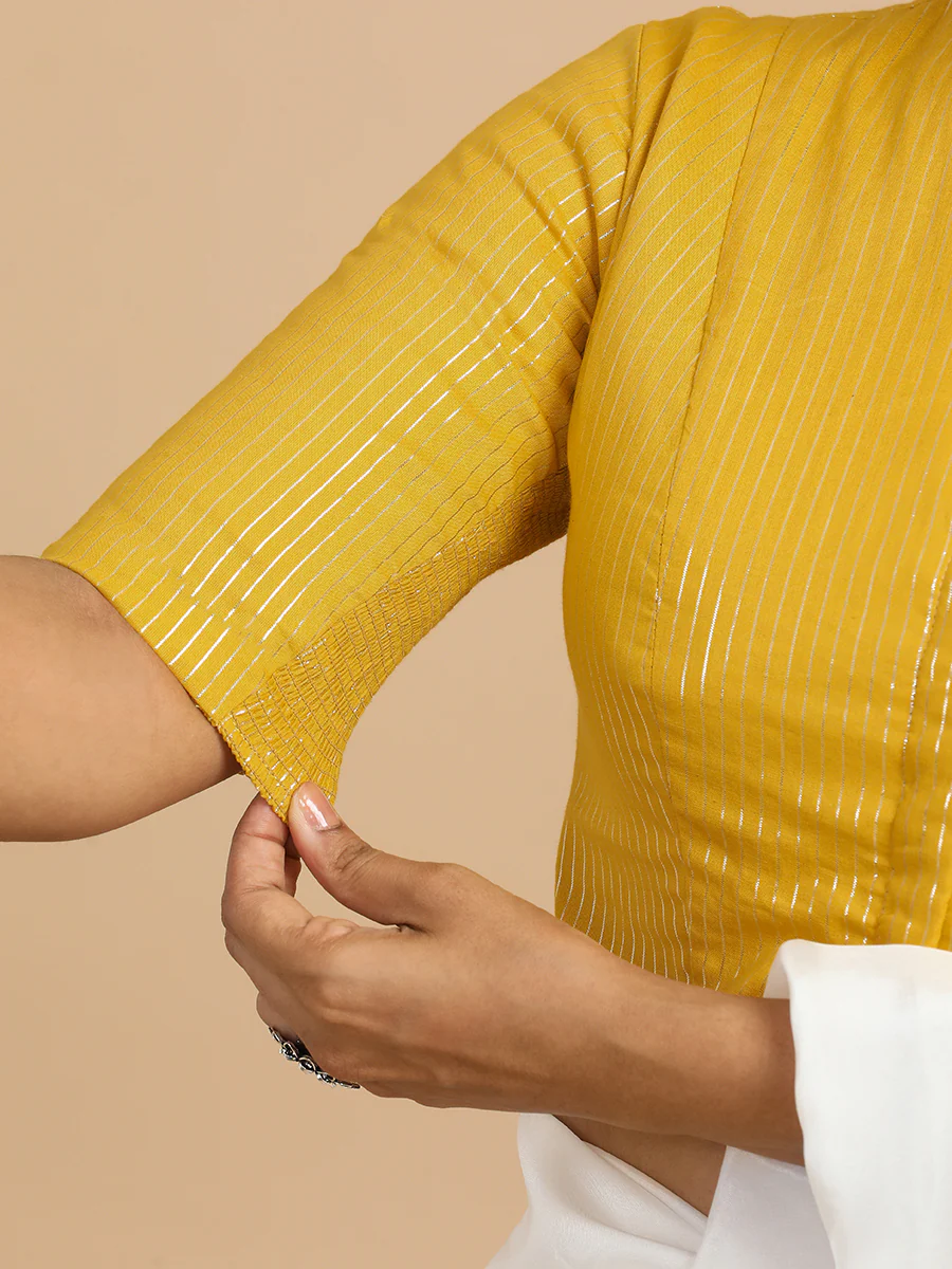 Rashi x Rozaana | Elbow Sleeves Saree Blouse in Turmeric Yellow Silver Stripe Cotton - Image 5