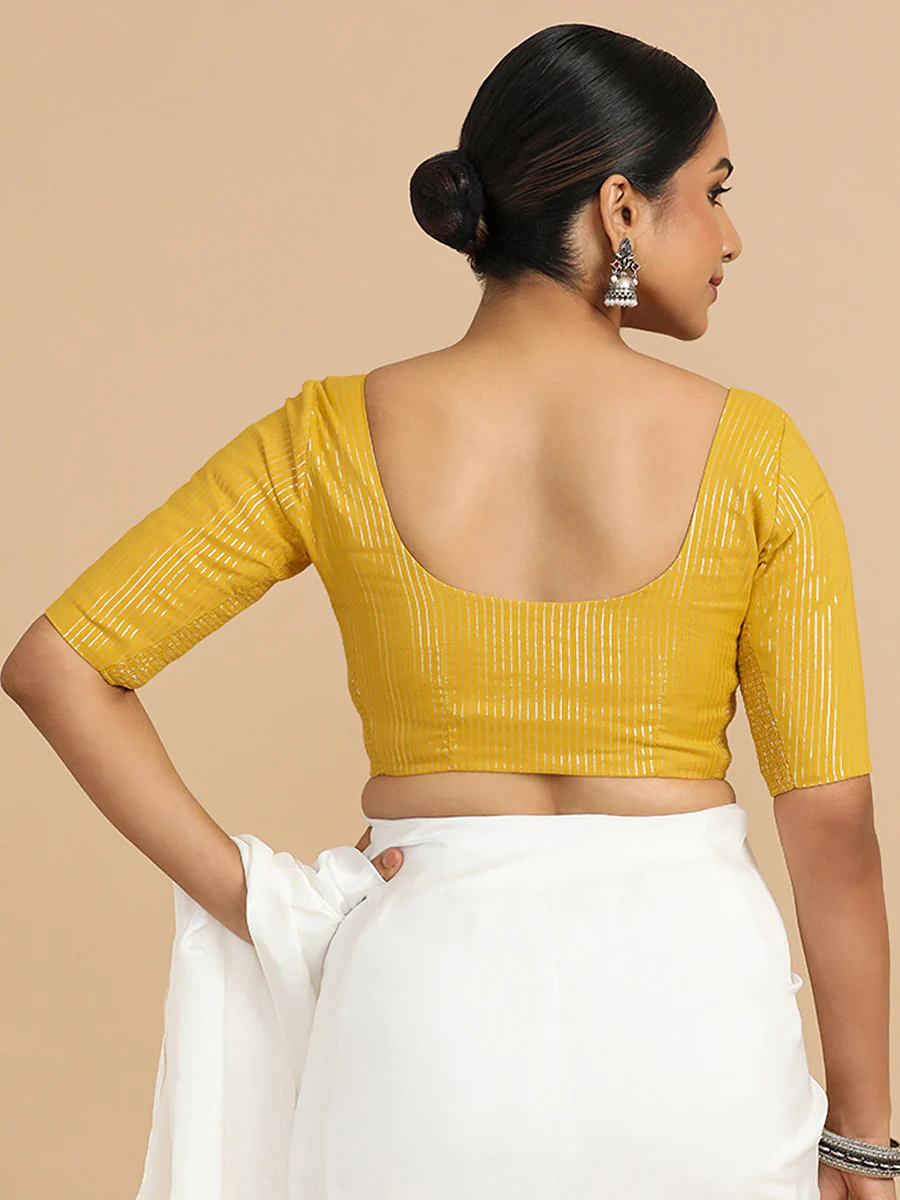 Sonal x Rozaana | Elbow Sleeves Saree Blouse in Turmeric Yellow Silver Stripe Cotton - Image 12