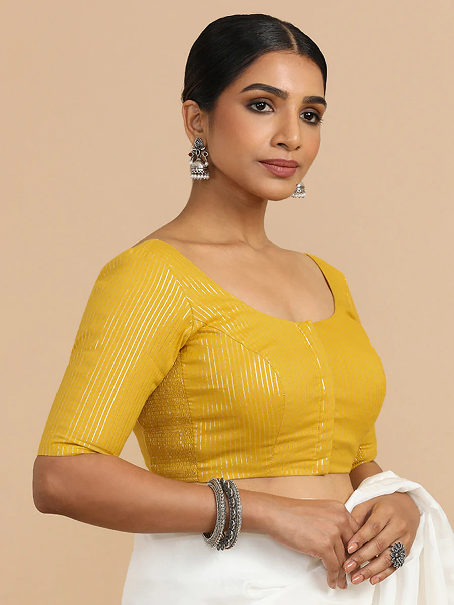 Sonal x Rozaana | Elbow Sleeves Saree Blouse in Turmeric Yellow Silver Stripe Cotton - Image 13