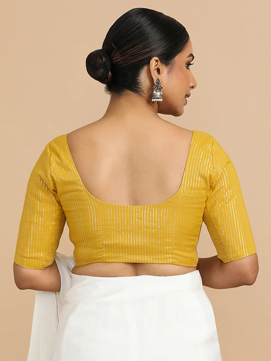 Sonal x Rozaana | Elbow Sleeves Saree Blouse in Turmeric Yellow Silver Stripe Cotton - Image 2
