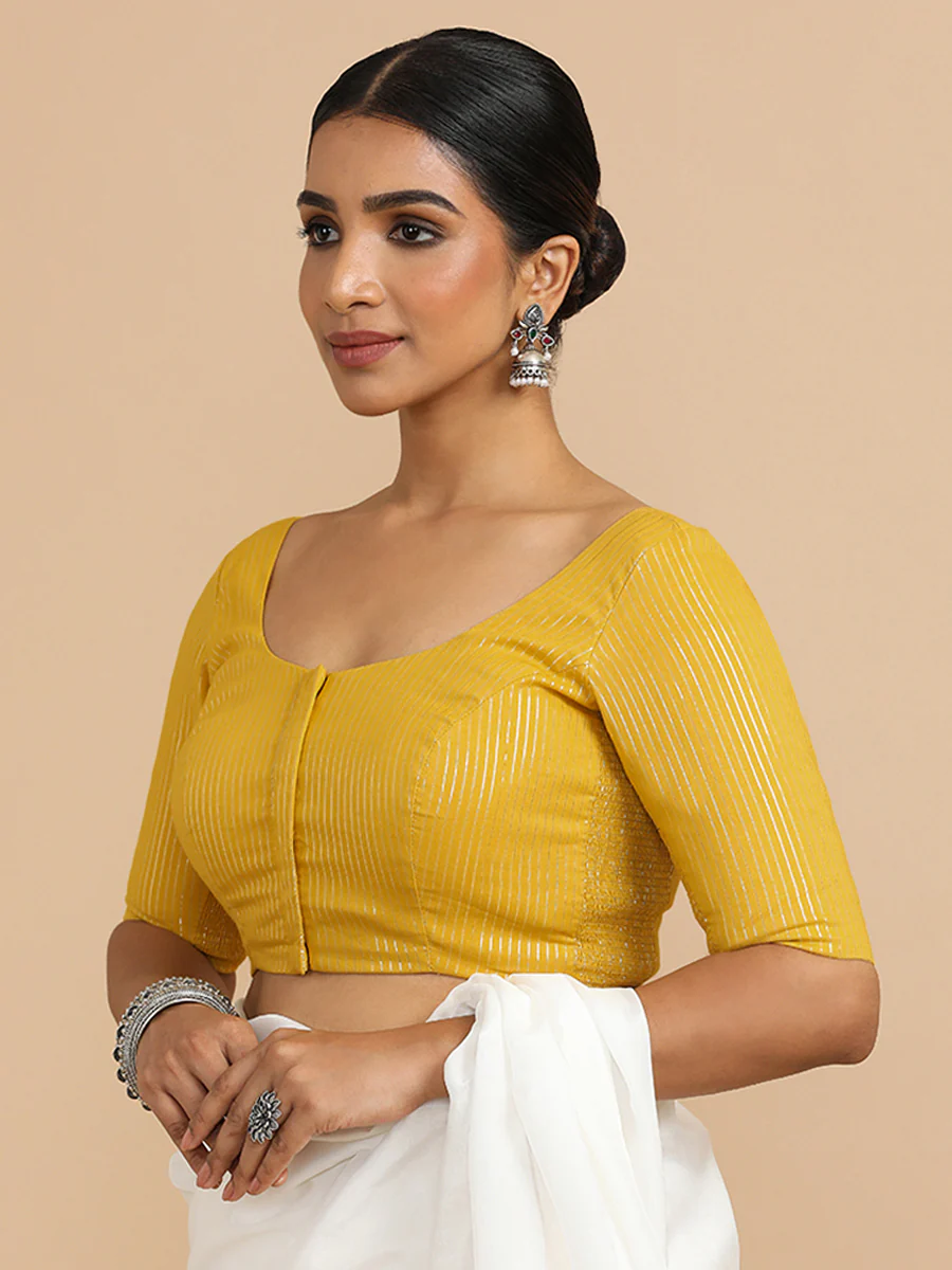 Sonal x Rozaana | Elbow Sleeves Saree Blouse in Turmeric Yellow Silver Stripe Cotton - Image 8
