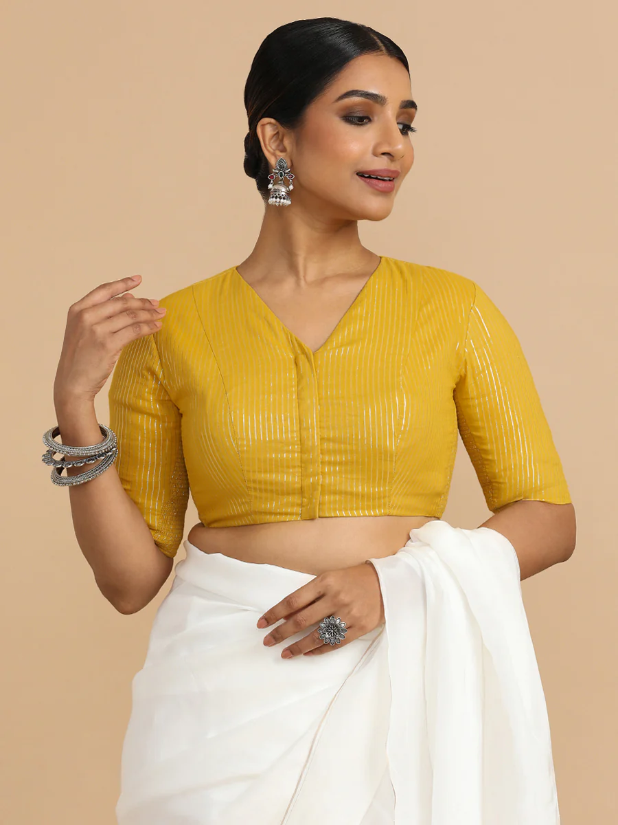 Utsa x Rozaana | Elbow Sleeves Saree Blouse in Turmeric Yellow Silver Stripe Cotton - Image 15