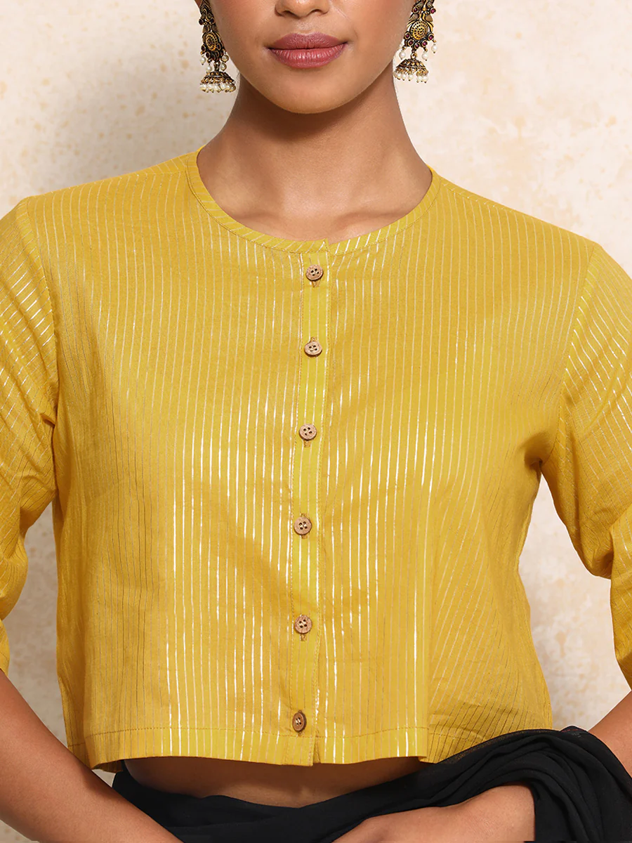 Parvati x Tyohaar | Elbow Sleeves Saree Blouse in Turmeric Yellow Silver Stripe Cotton - Image 3