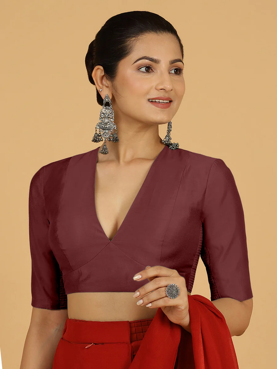 Damini x Rozaana | Deep Maroon Elbow Sleeves V-Neck Saree Blouse - Image 10