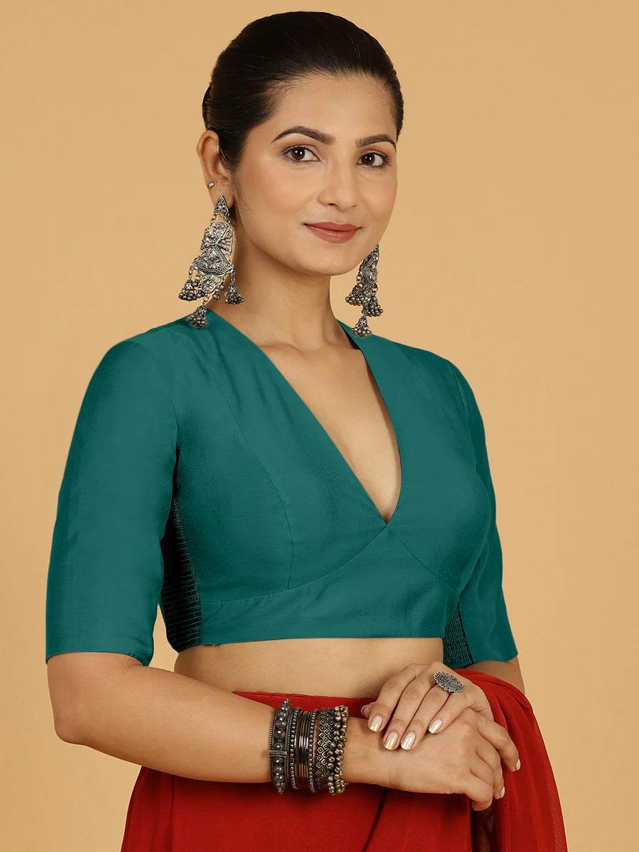 Damini x Rozaana | Peacock Green Elbow Sleeves V-Neck Saree Blouse - Image 8
