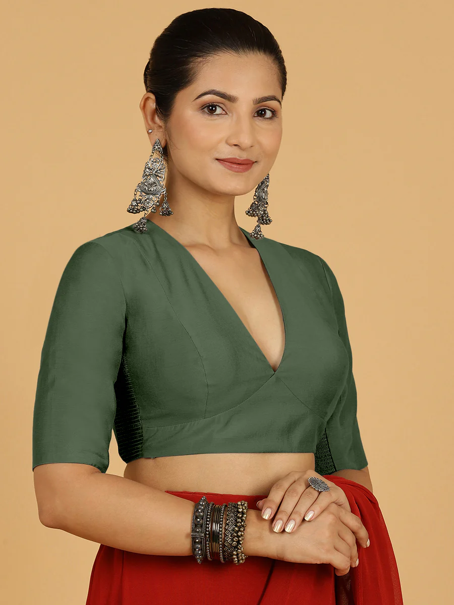 Damini x Rozaana | Pine Green Elbow Sleeves V-Neck Saree Blouse - Image 8