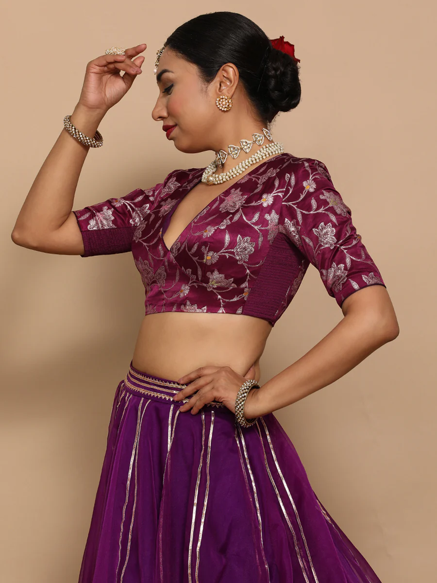 Shabnam x Tyohaar | Elbow Sleeves Satin Viscose Saree Blouse in Violet Meenakari Fabric - Image 5