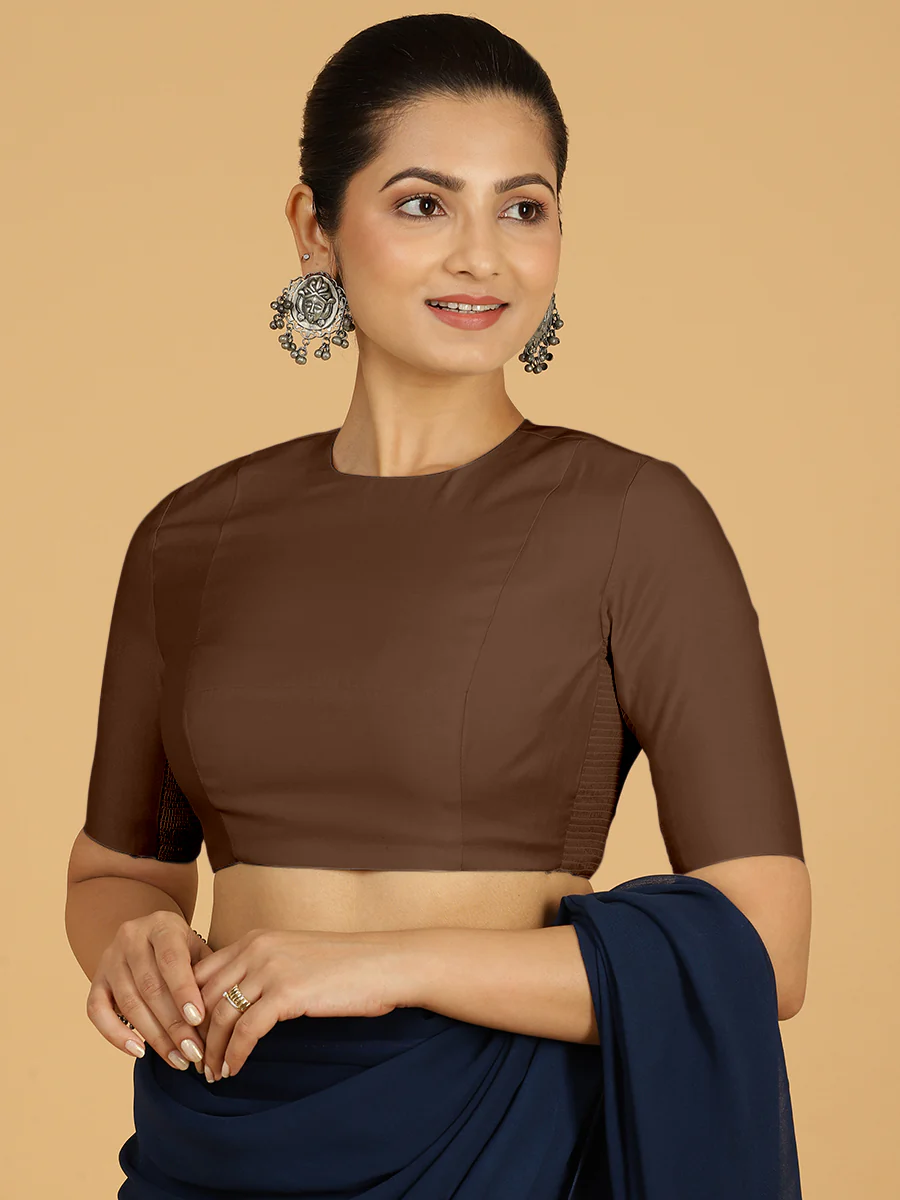 Amisha x Rozaana | Elbow Sleeves Saree Blouse in Walnut Brown - Image 6