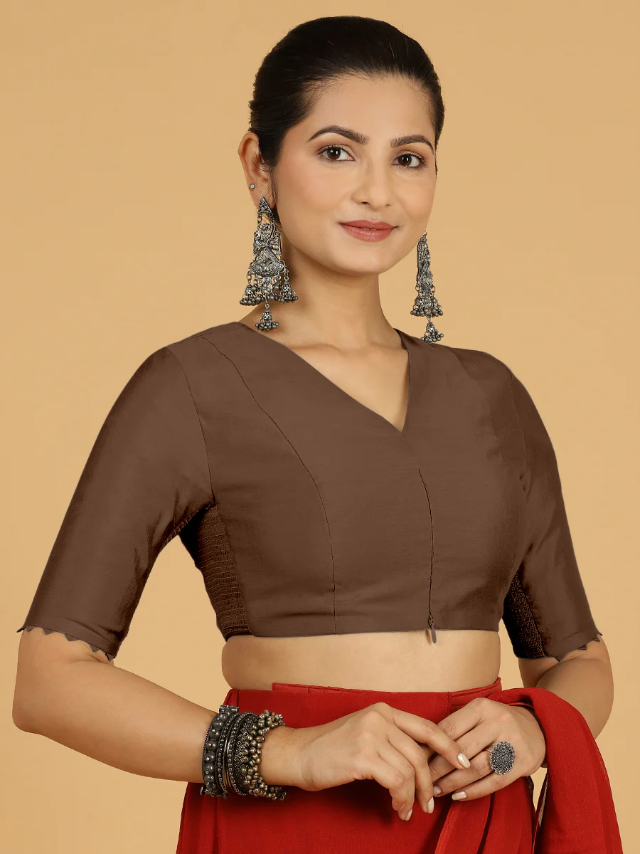 Divya x Rozaana | Elbow Sleeves Saree Blouse in Walnut Brown - Image 10