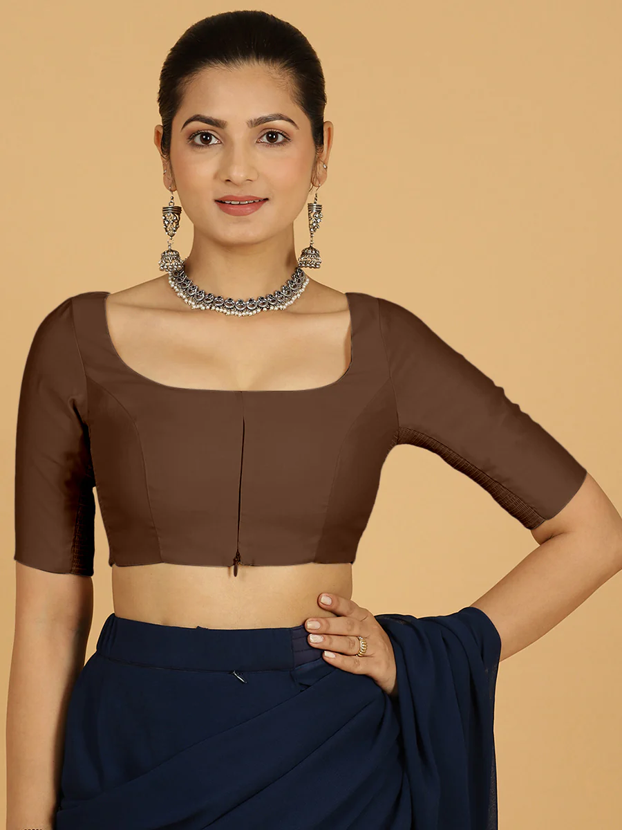 Nidhi x Rozaana | Elbow Sleeves Saree Blouse in Walnut Brown - Image 10