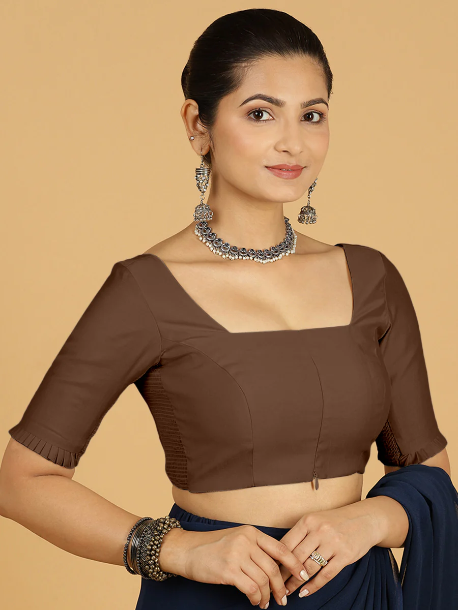 Nihira x Rozaana | Elbow Sleeves Saree Blouse in Walnut Brown - Image 7