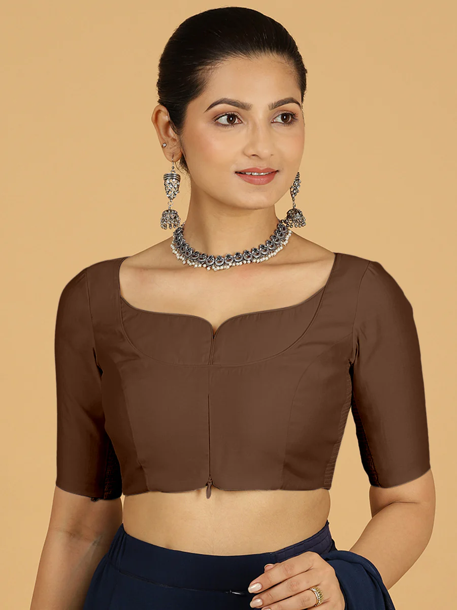 Priya x Rozaana | Elbow Sleeves Saree Blouse in Walnut Brown - Image 10