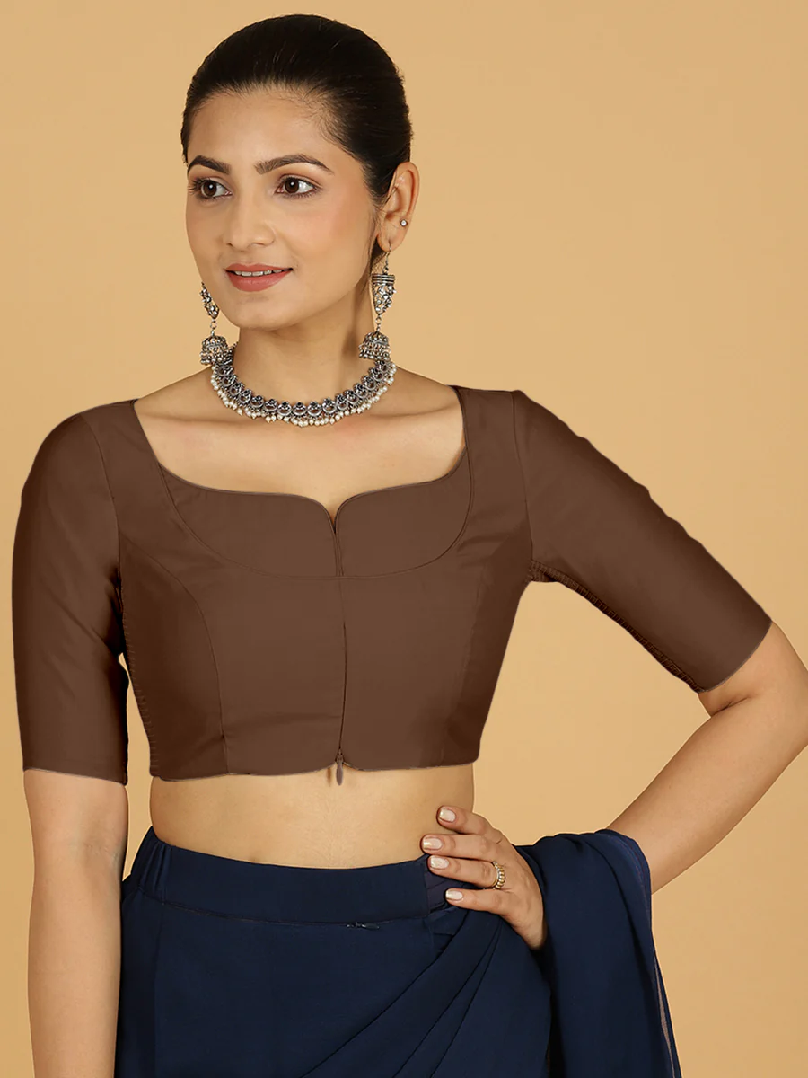 Priya x Rozaana | Elbow Sleeves Saree Blouse in Walnut Brown - Image 11