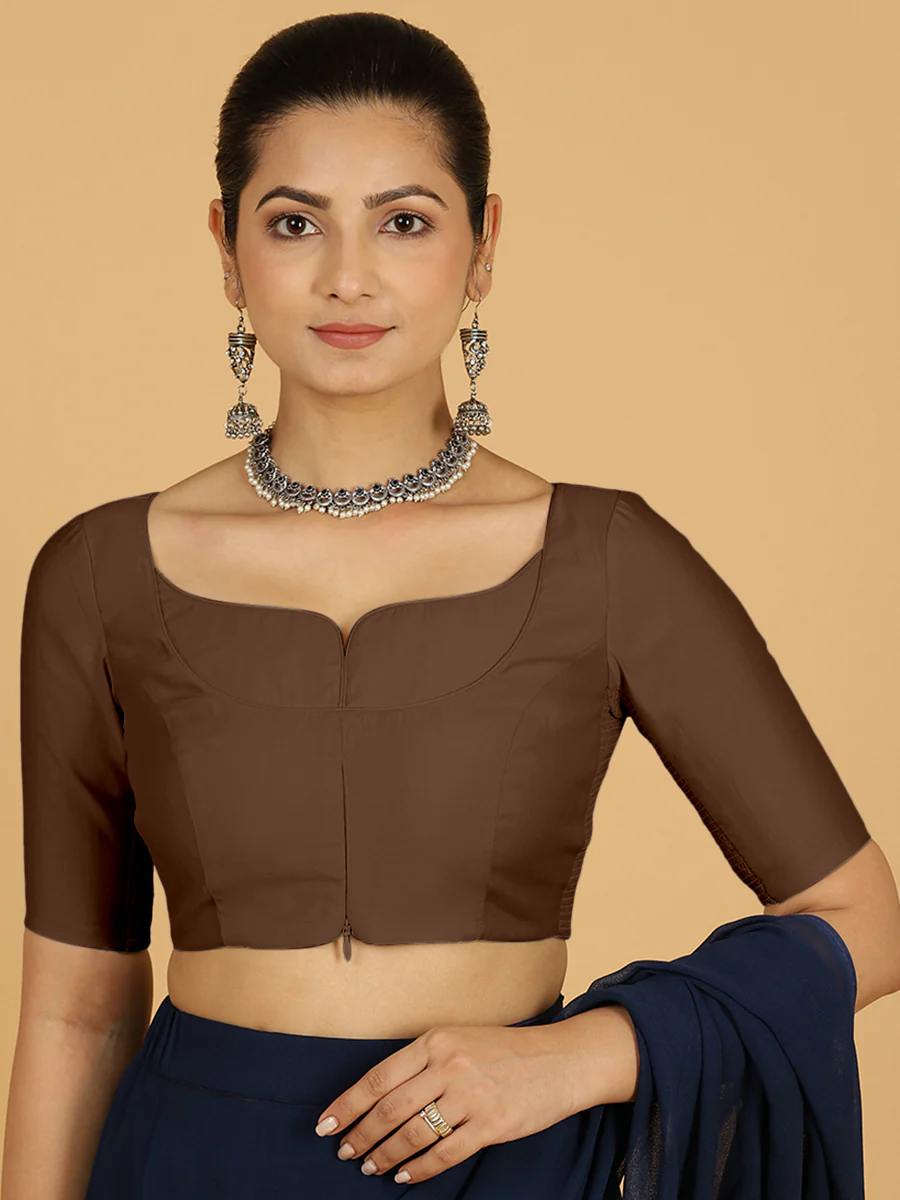 Priya x Rozaana | Elbow Sleeves Saree Blouse in Walnut Brown - Image 12