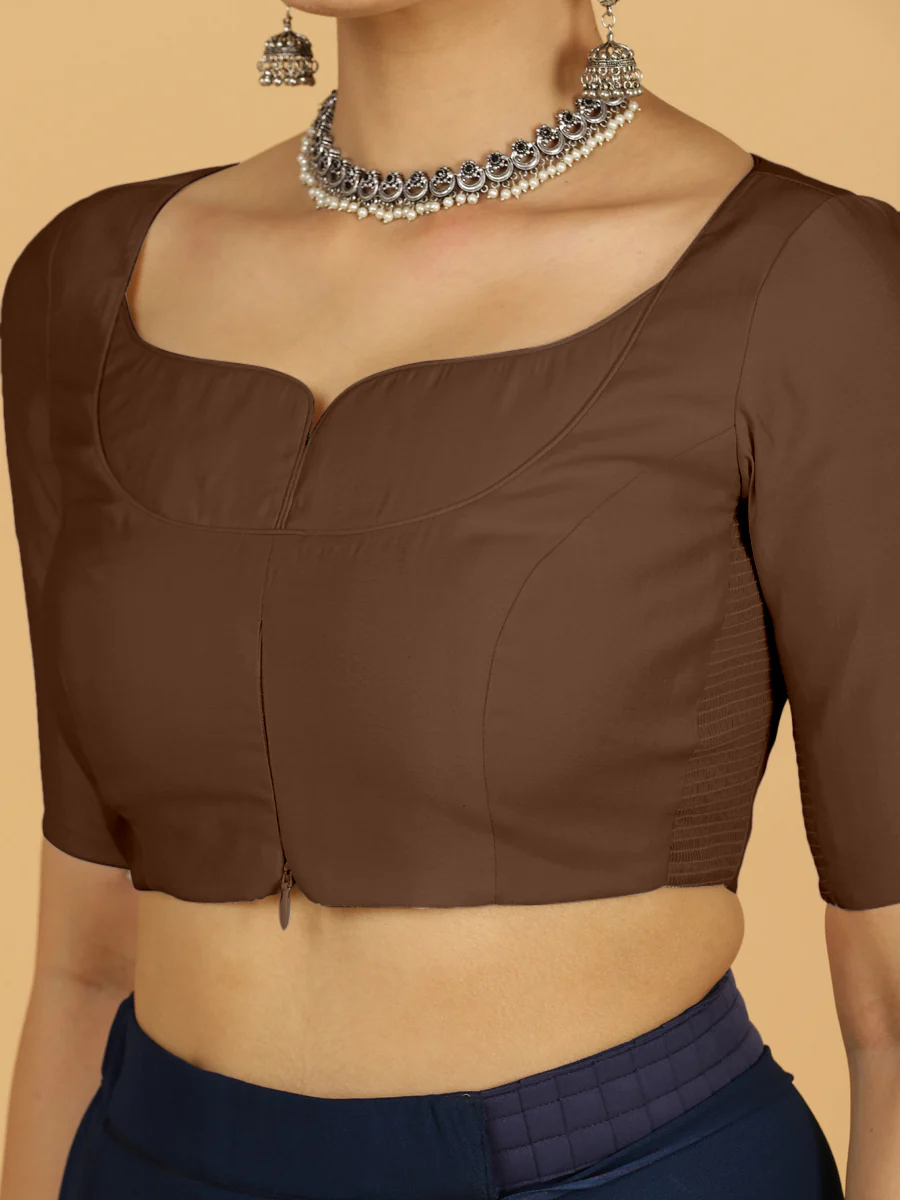 Priya x Rozaana | Elbow Sleeves Saree Blouse in Walnut Brown - Image 5