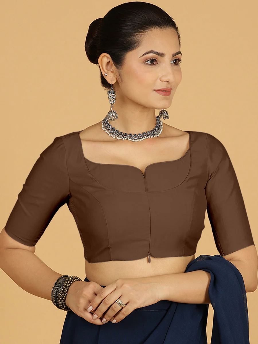 Priya x Rozaana | Elbow Sleeves Saree Blouse in Walnut Brown - Image 6