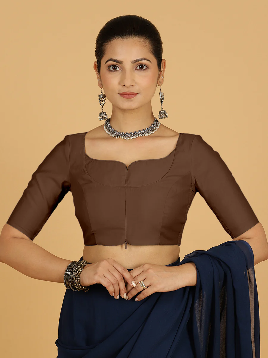 Priya x Rozaana | Elbow Sleeves Saree Blouse in Walnut Brown - Image 7