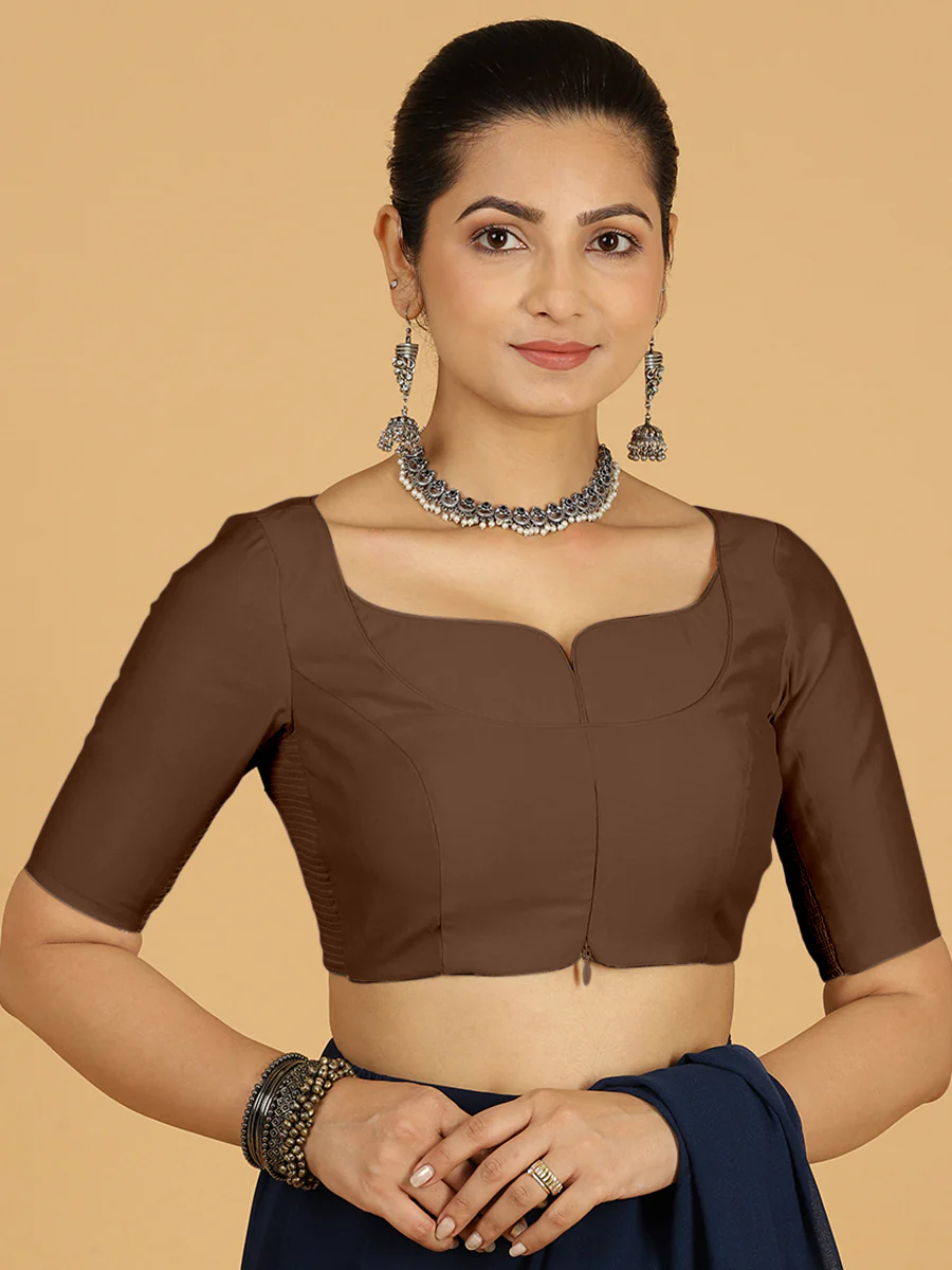 Priya x Rozaana | Elbow Sleeves Saree Blouse in Walnut Brown - Image 9