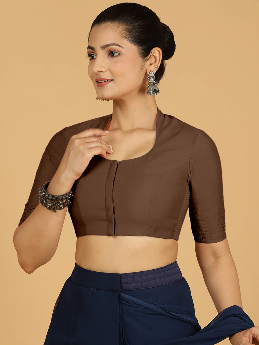 Salma x Rozaana | Elbow Sleeves Saree Blouse in Walnut Brown - Image 6