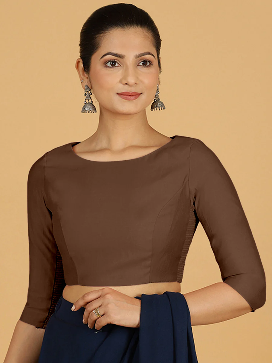 Tamanna x Rozaana | Three Quarter Sleeves Saree Blouse in Walnut Brown - Image 8