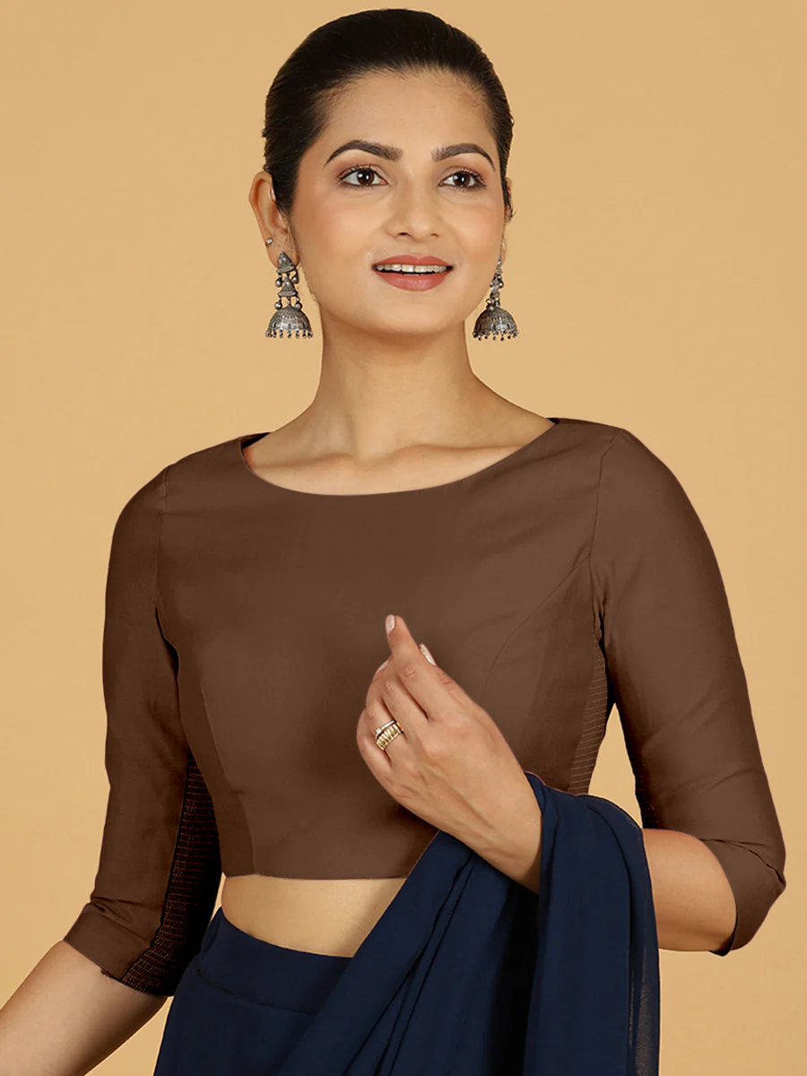 Tamanna x Rozaana | Three Quarter Sleeves Saree Blouse in Walnut Brown - Image 9