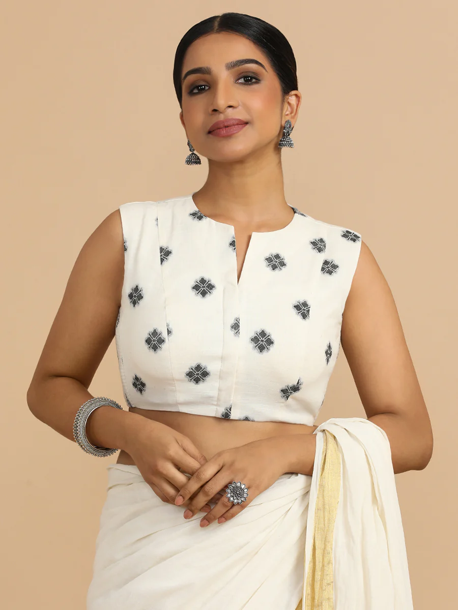 Juhi x Rozaana | Sleeveless Saree Blouse in White Jacquard Cotton - Image 10