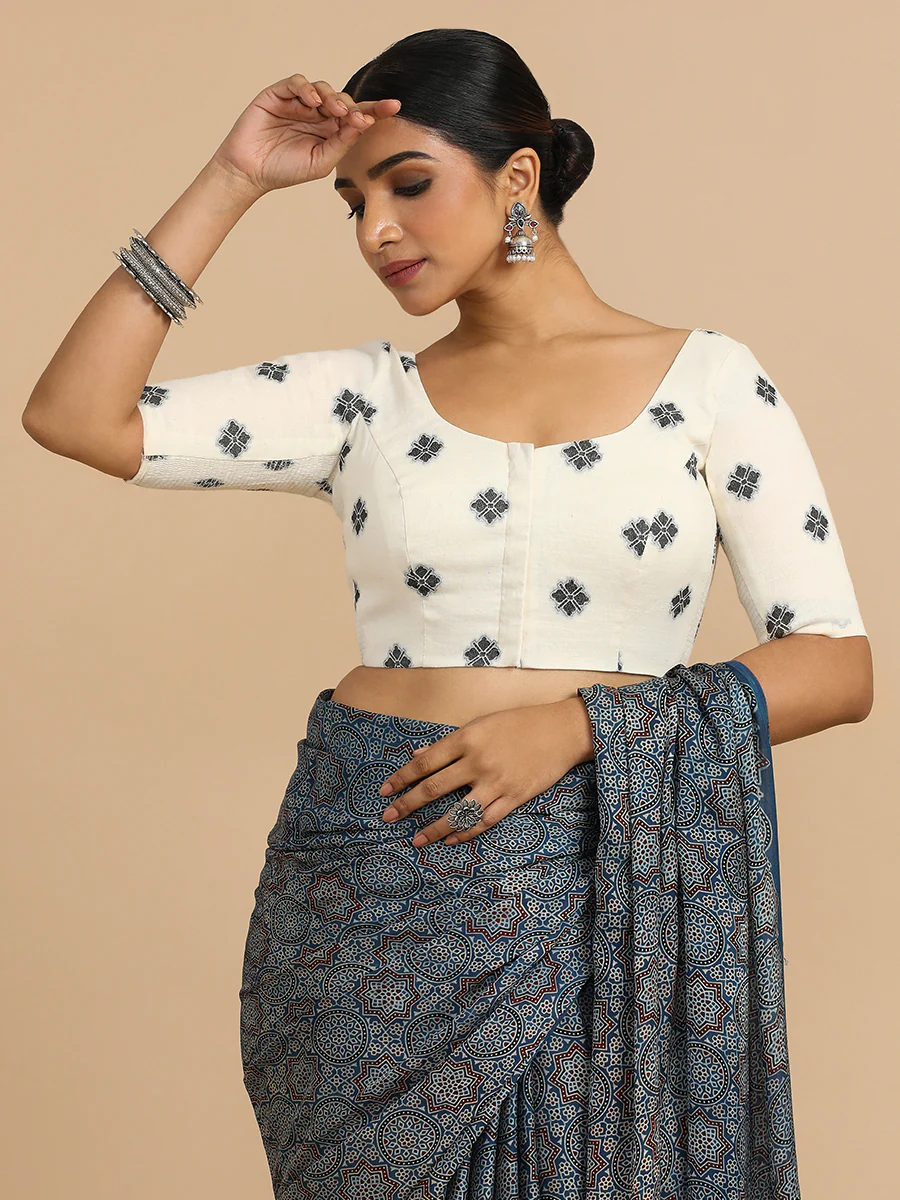 Lajita x Rozaana | Elbow Sleeves Saree Blouse in White Jacquard Cotton - Image 11