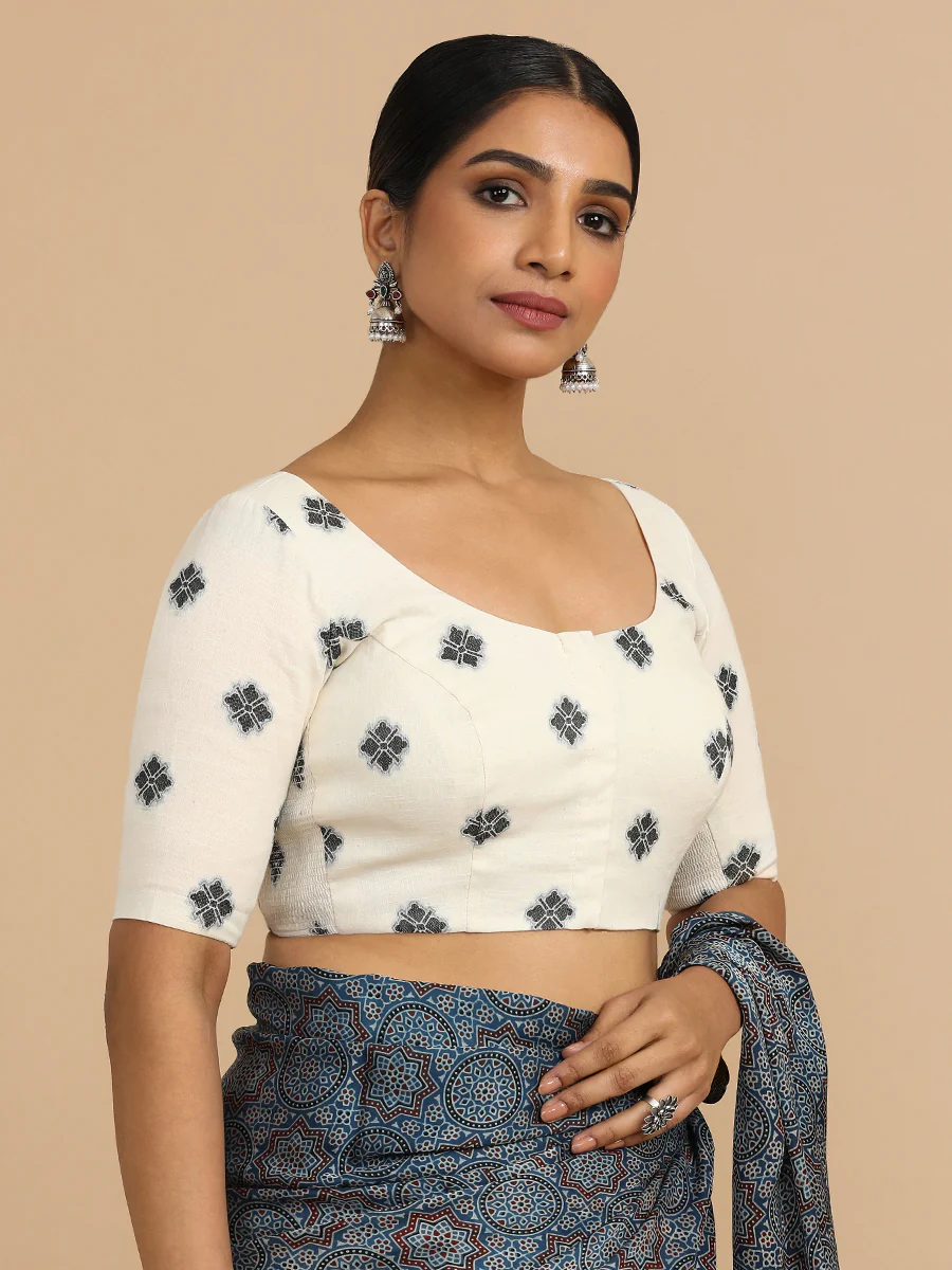 Lajita x Rozaana | Elbow Sleeves Saree Blouse in White Jacquard Cotton - Image 9