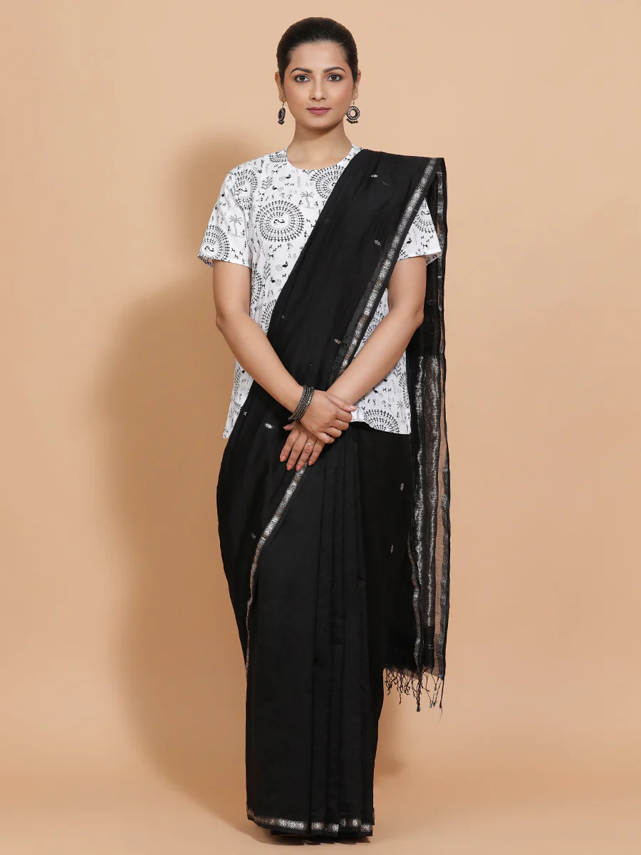 Tithi x Rozaana | Short Sleeves Cotton Saree Blouse in White Warli Print Fabric - Image 10