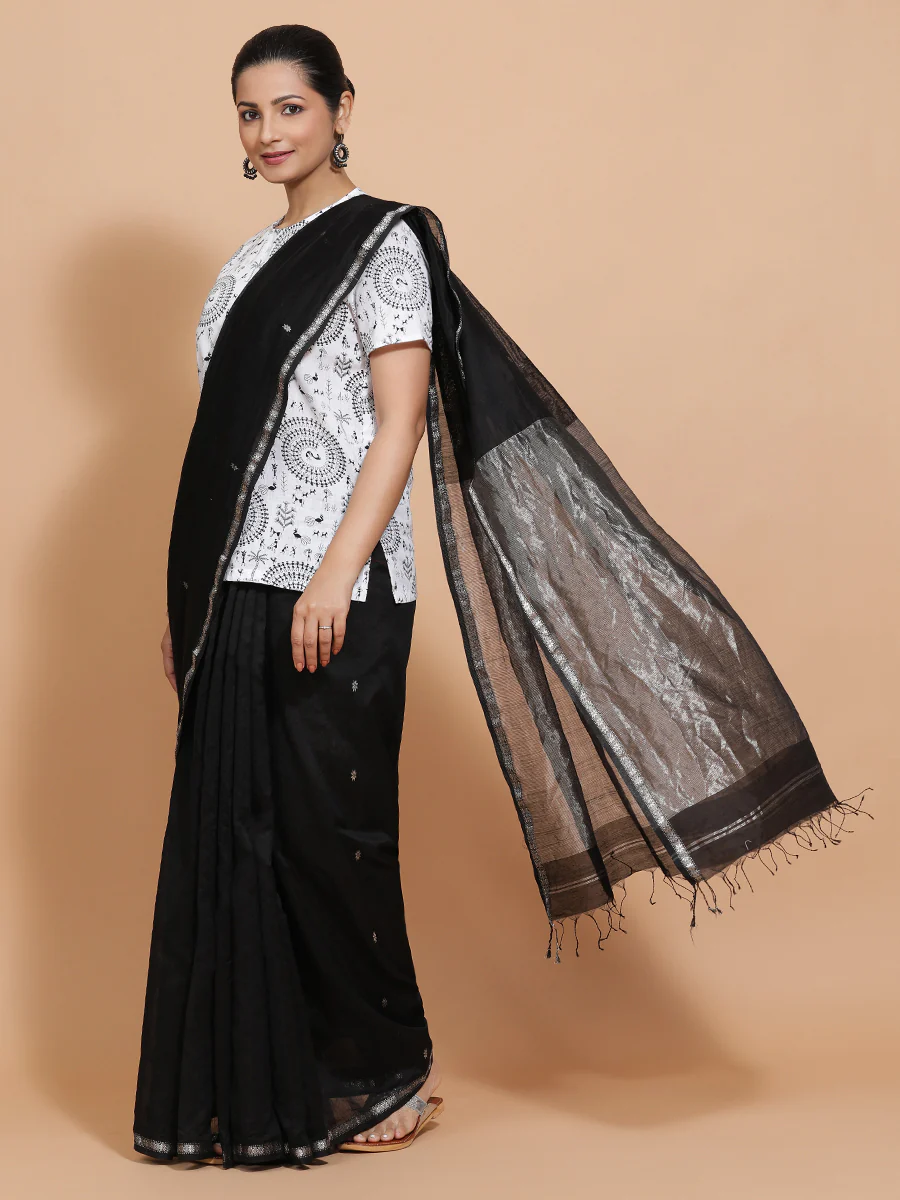 Tithi x Rozaana | Short Sleeves Cotton Saree Blouse in White Warli Print Fabric - Image 11