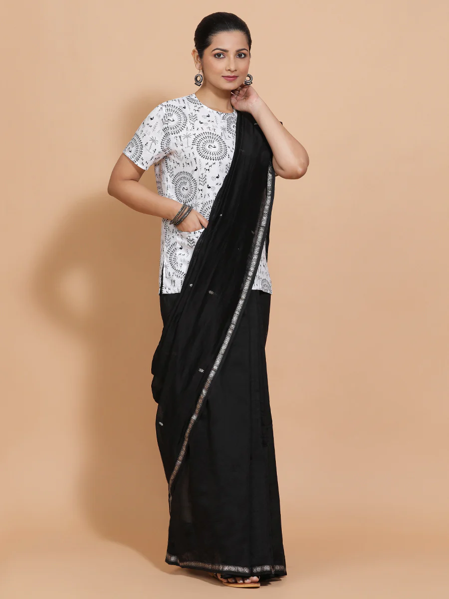 Tithi x Rozaana | Short Sleeves Cotton Saree Blouse in White Warli Print Fabric - Image 12