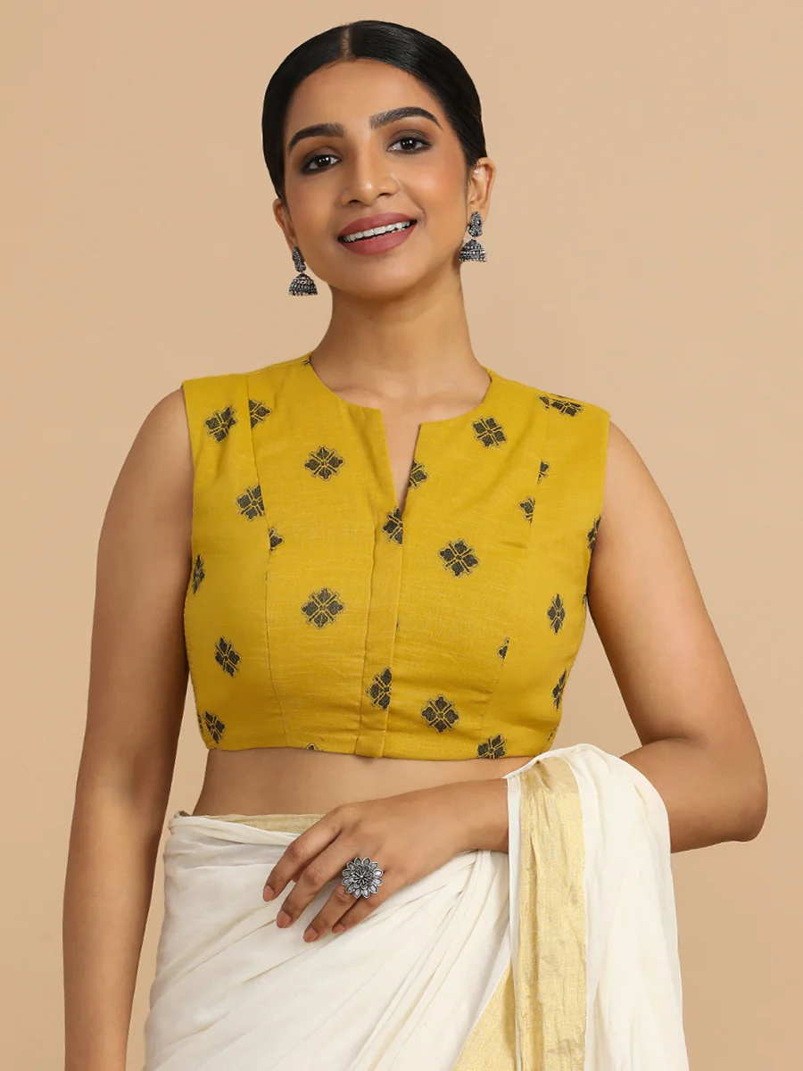Juhi x Rozaana | Sleeveless Saree Blouse in Yellow Jacquard Cotton - Image 10