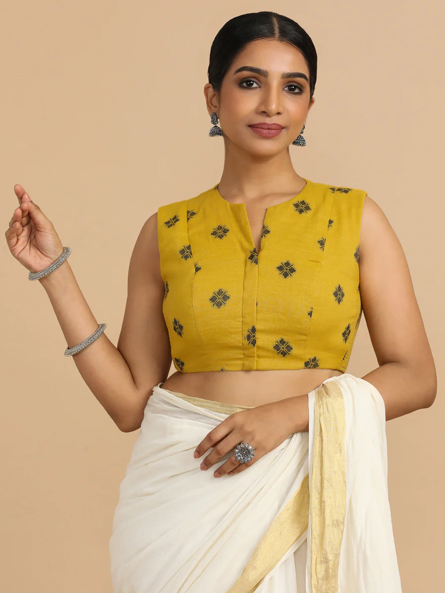 Juhi x Rozaana | Sleeveless Saree Blouse in Yellow Jacquard Cotton - Image 11
