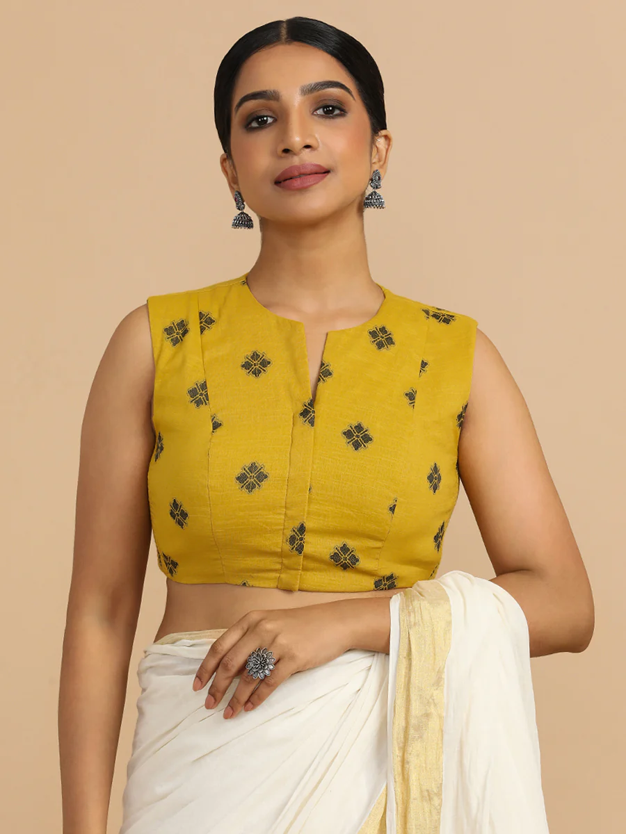 Juhi x Rozaana | Sleeveless Saree Blouse in Yellow Jacquard Cotton - Image 8
