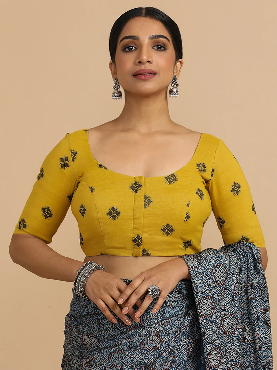 Lajita x Rozaana | Elbow Sleeves Saree Blouse in Yellow Jacquard Cotton - Image 6