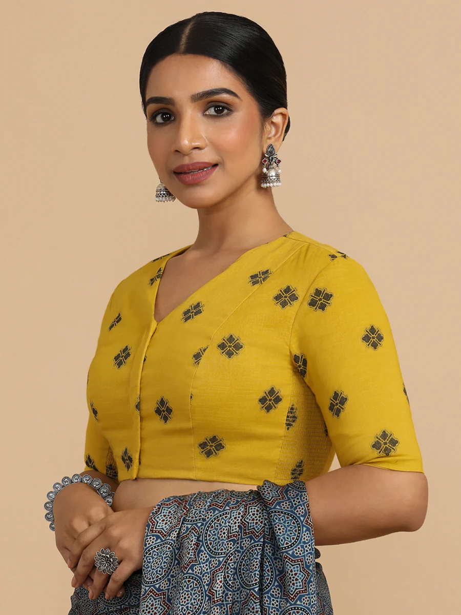 Lasya x Rozaana | Elbow Sleeves Saree Blouse in Yellow Jacquard Cotton - Image 11