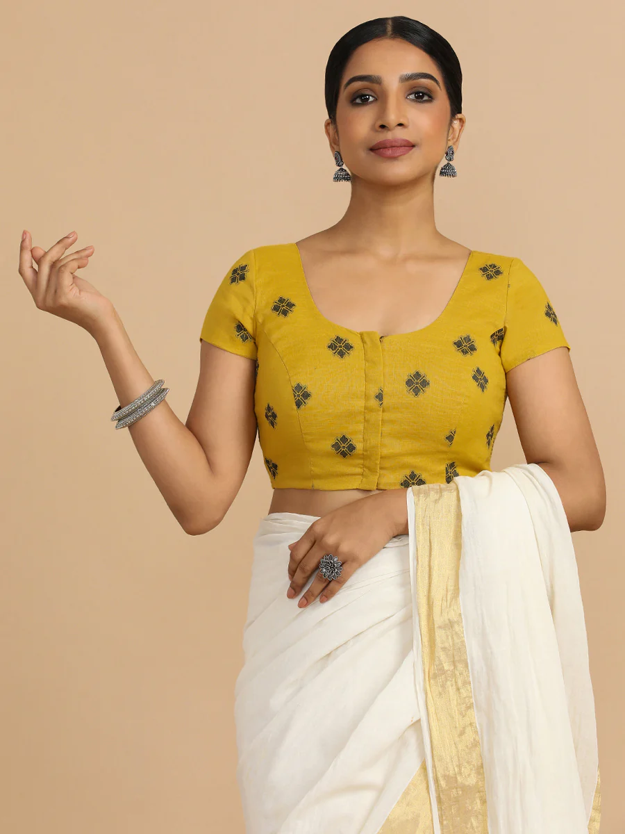 Minoo x Rozaana | Short Sleeves Saree Blouse in Yellow Jacquard Cotton - Image 15