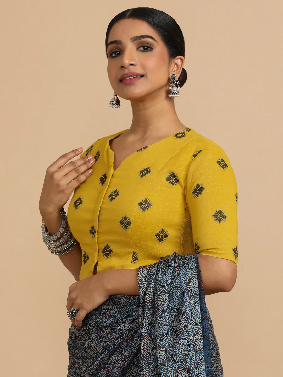 Soumya x Rozaana | Elbow Sleeves Saree Blouse in Yellow Jacquard Cotton - Image 9