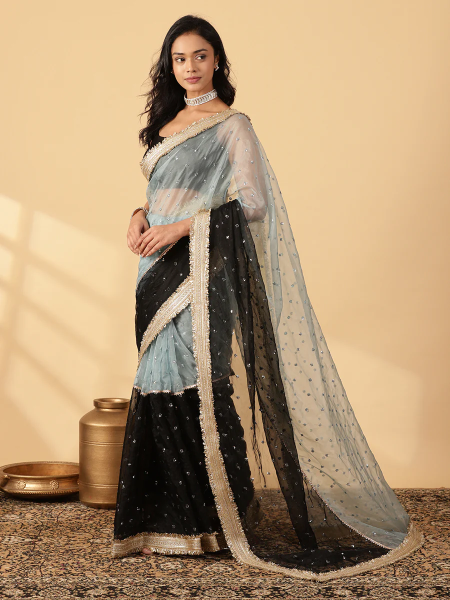 Blue & Black Organza Sequin Butta Saree With Designer Embroidered Lace - Image 6