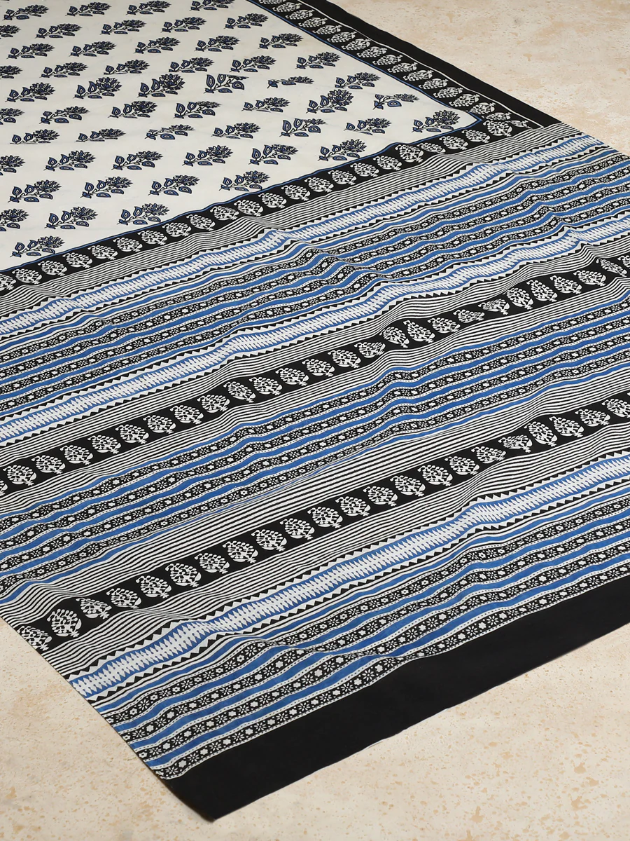Blue & White Handblock Printed Vanspati Mulmul Saree - Image 2