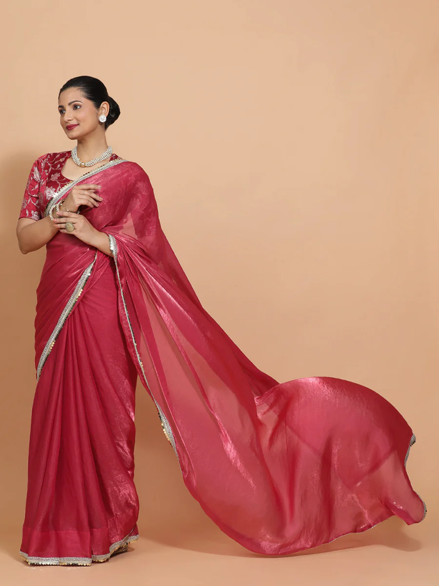 Monica x Tyohaar | Blush Pink Tissue Saree with Ready-to-Wear Option - Image 8