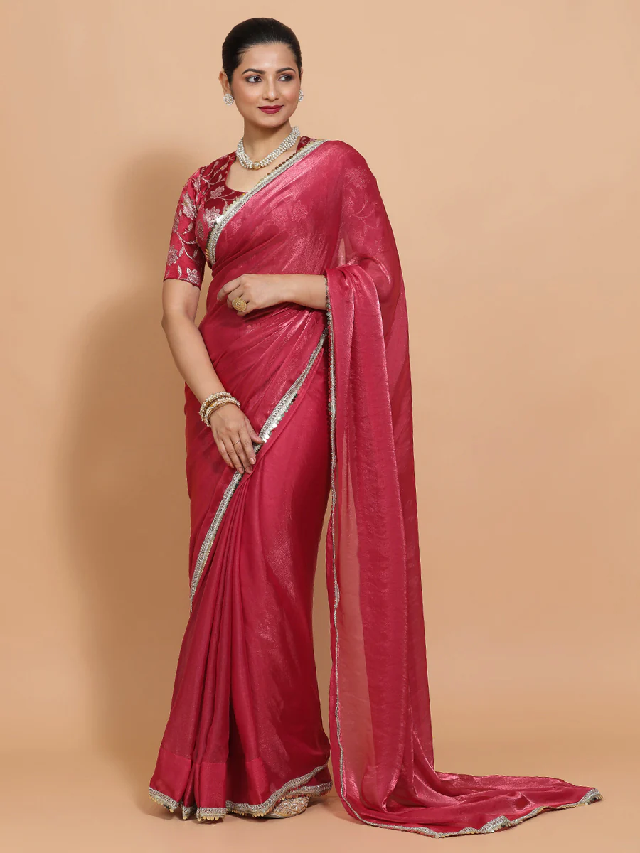 Monica x Tyohaar | Blush Pink Tissue Saree with Ready-to-Wear Option - Image 9