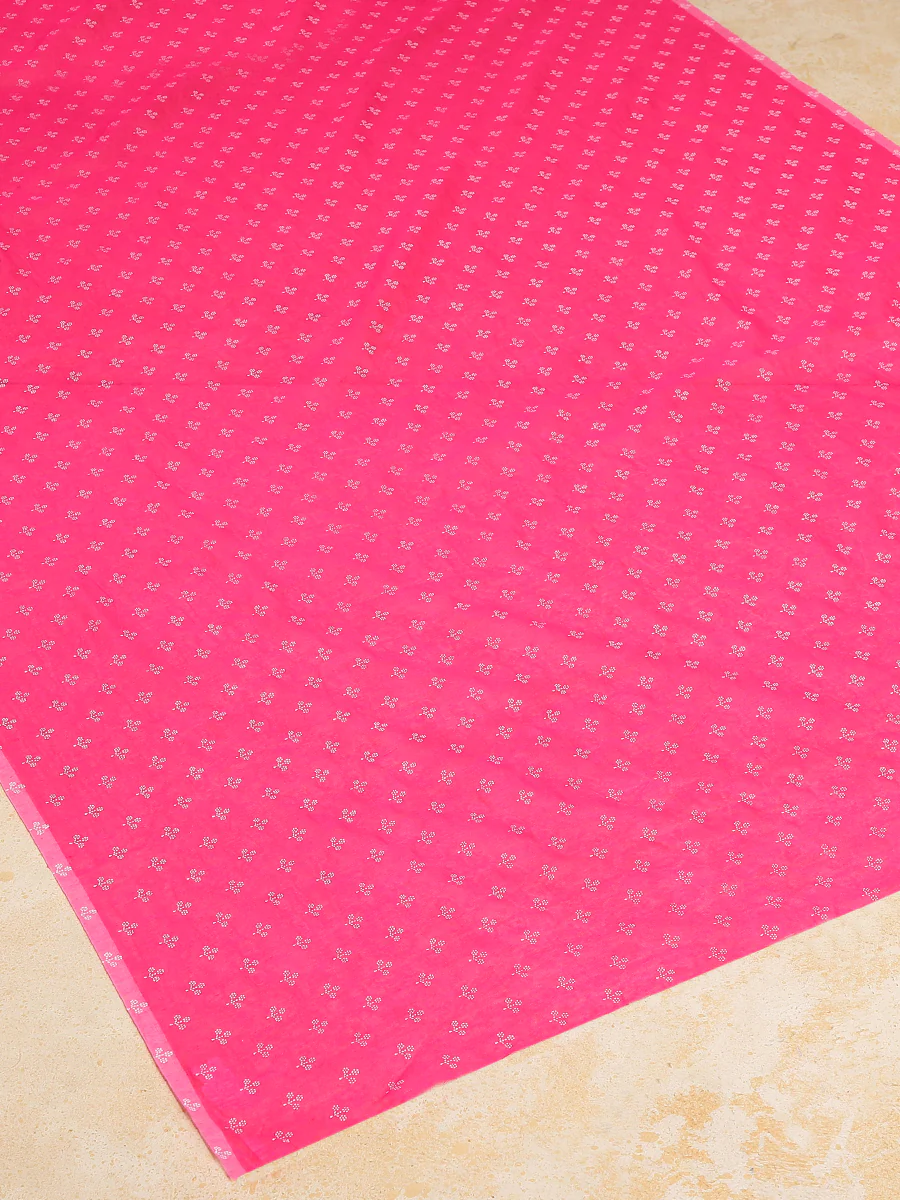 Bright Pink Cotton Saree With White Butti Print - Image 2