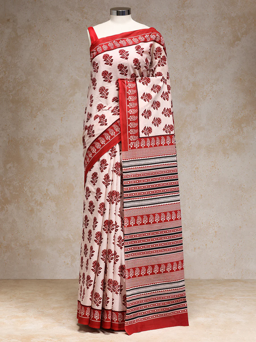 Bright Red & White Handblock Printed Vanspati Mulmul Saree