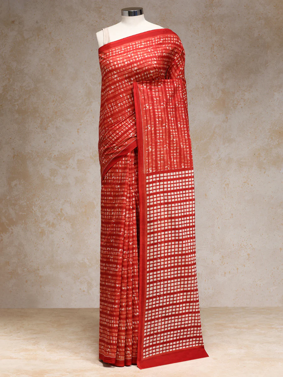 Chili Red Handblock Printed Grid Motif Mulmul Saree