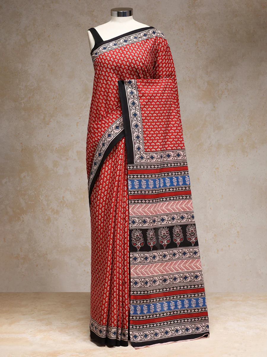 Clay Red Handblock Printed Mango Motif Mulmul Saree